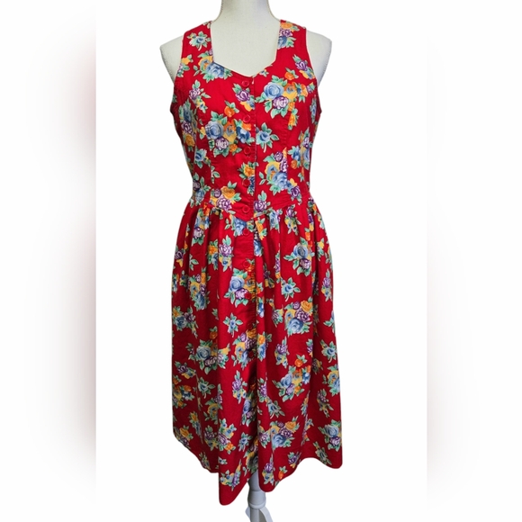 Dresses & Skirts - Retro Colorful Floral Red Sleeveless Midi Dress